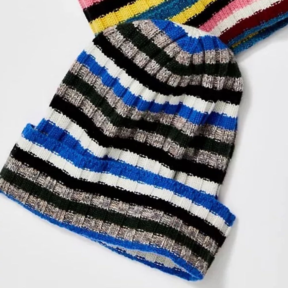 Free People Rib Stripe Cashmere Beanie Gray Blue By Sustainable Style NWT $68